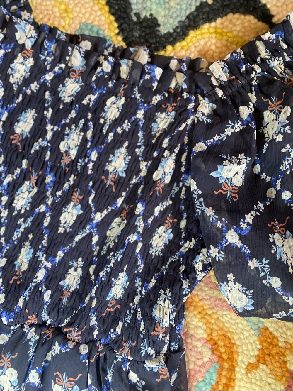 🌸Lauren Conrad Navy Blue Floral Smocked Puff Sleeve Square Neck Short Dress S - Picture 5 of 9